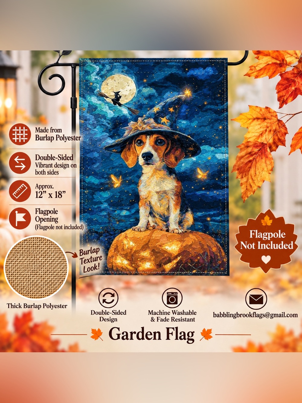 Garden flag, Halloween beagle, burlap polyester, double-sided, 12” x 18”